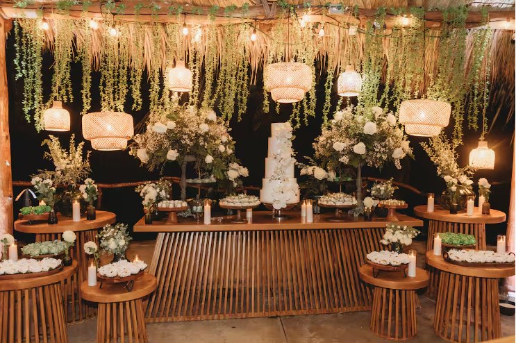 Dessert and cake display under the pavilion with hanging lanterns, greenery and white florals